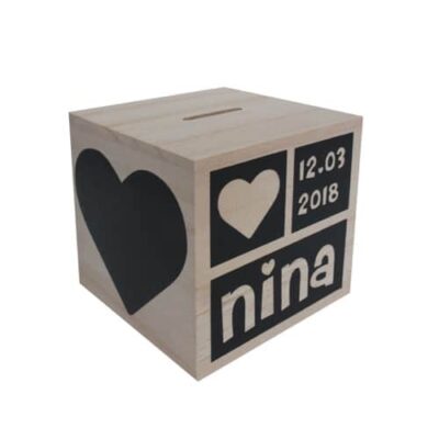 Houten spaarpot met naam, spaarpot met naam, spaarpot met naam hout, gepersonaliseerd kraamcadeautje