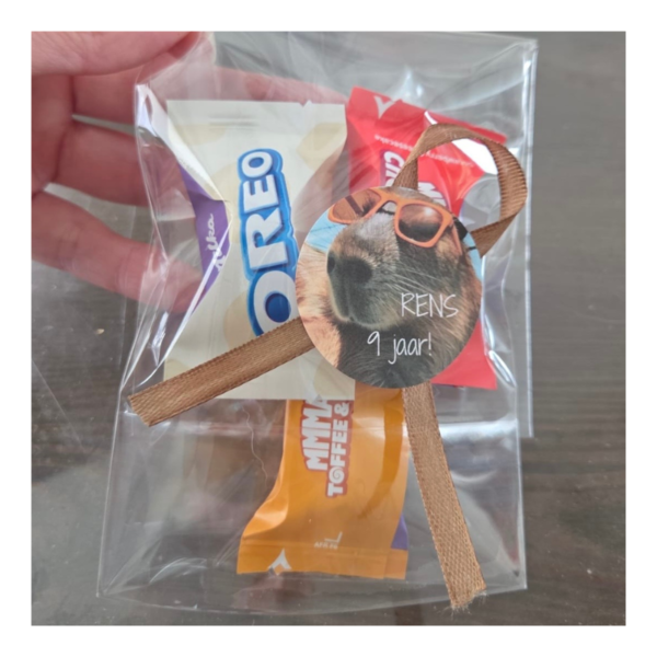 traktatie capibara, traktatiesticker met naam