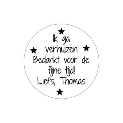 Traktatiesticker in het thema verhuizen. Leuk om te gebruiken bij het maken van een traktatie als je gaat verhuizen.