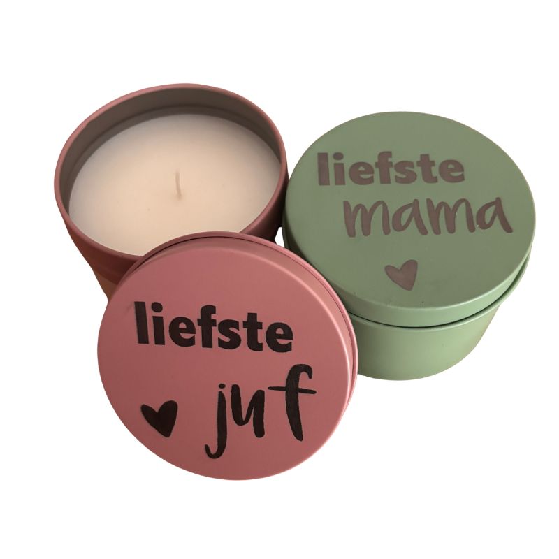 Kaarsje in blik voor juf, mama of oma, leuk als klein cadeautje