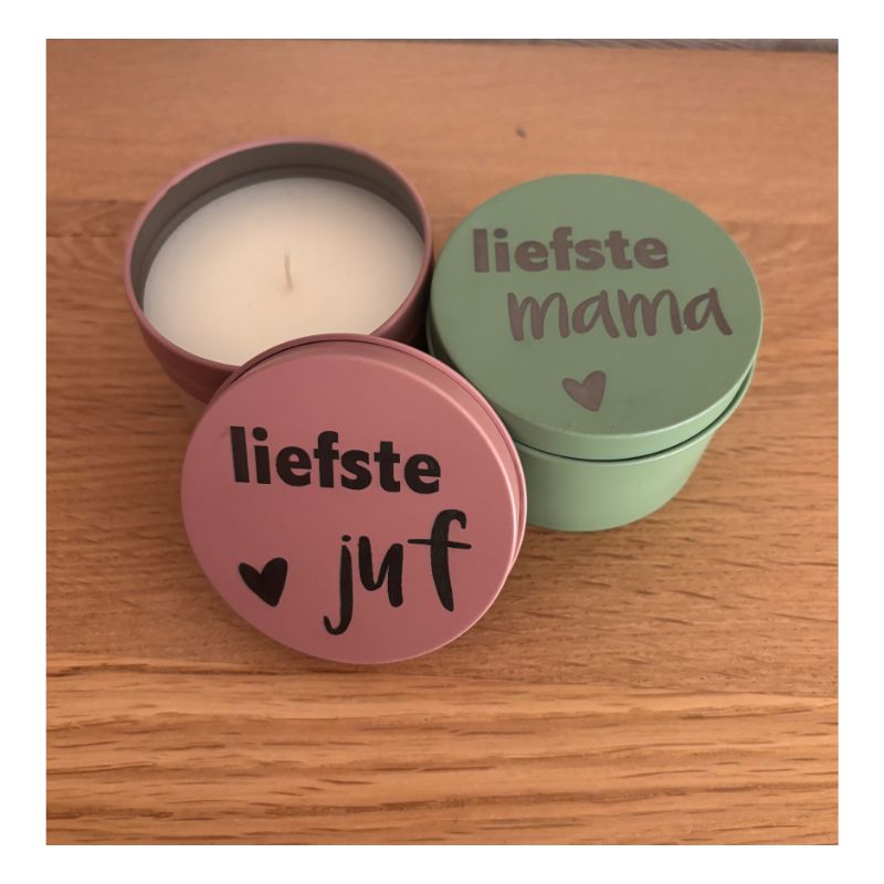 Kaarsje in blik voor juf, mama of oma, leuk als klein cadeautje