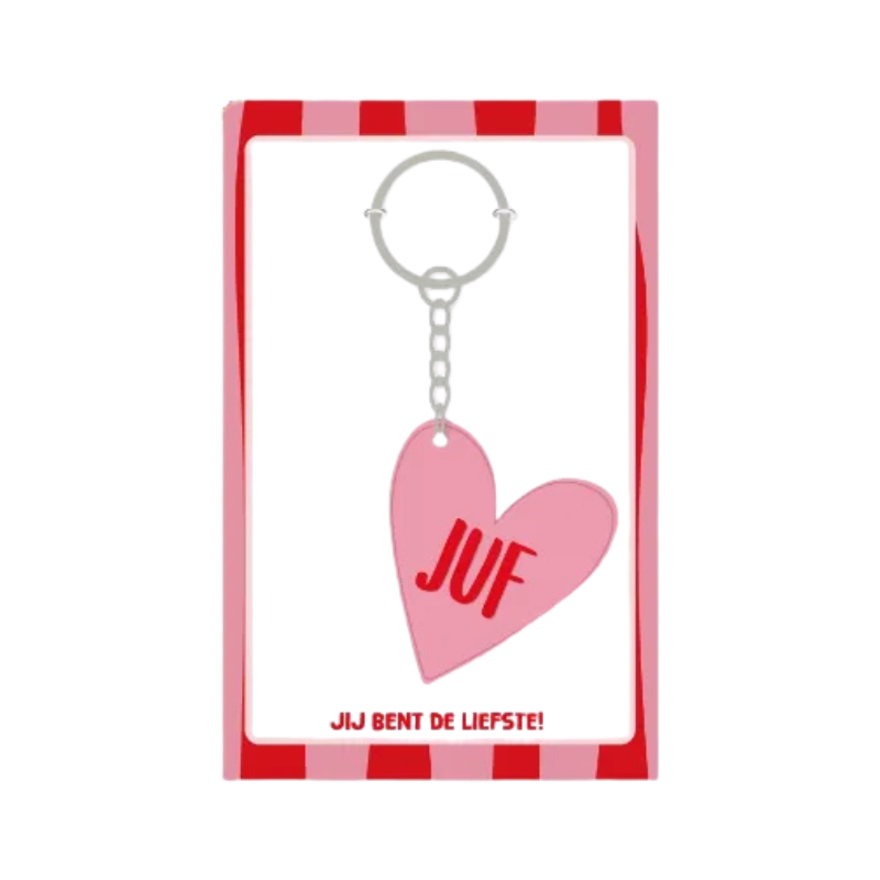 Sleutelhanger met tekst Juf in een hartje, leuk als cadeautje aan het einde van het schooljaar